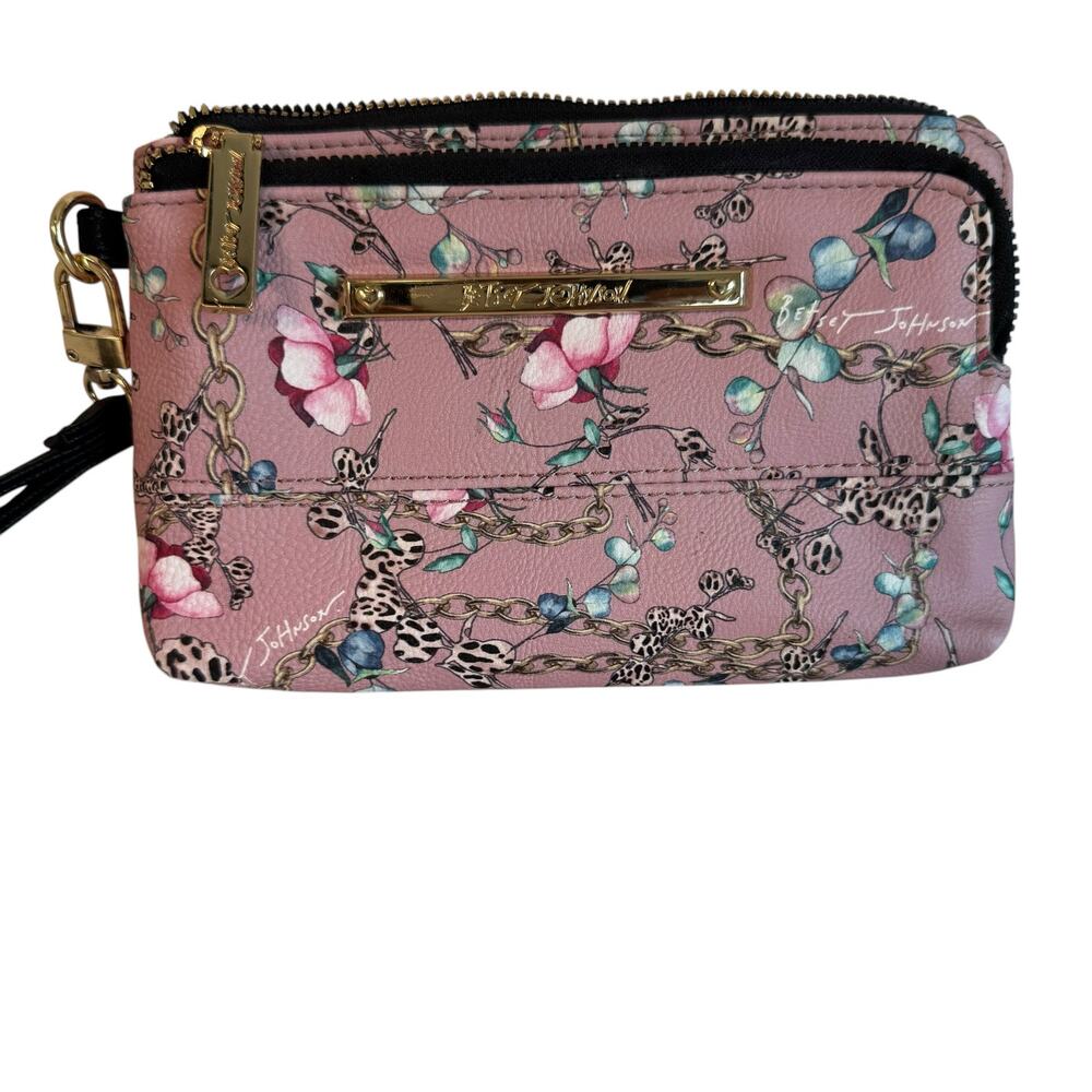 Betsey Johnson Floral Leopard Wristlet Wallet Pink Multi Zip Pouch
